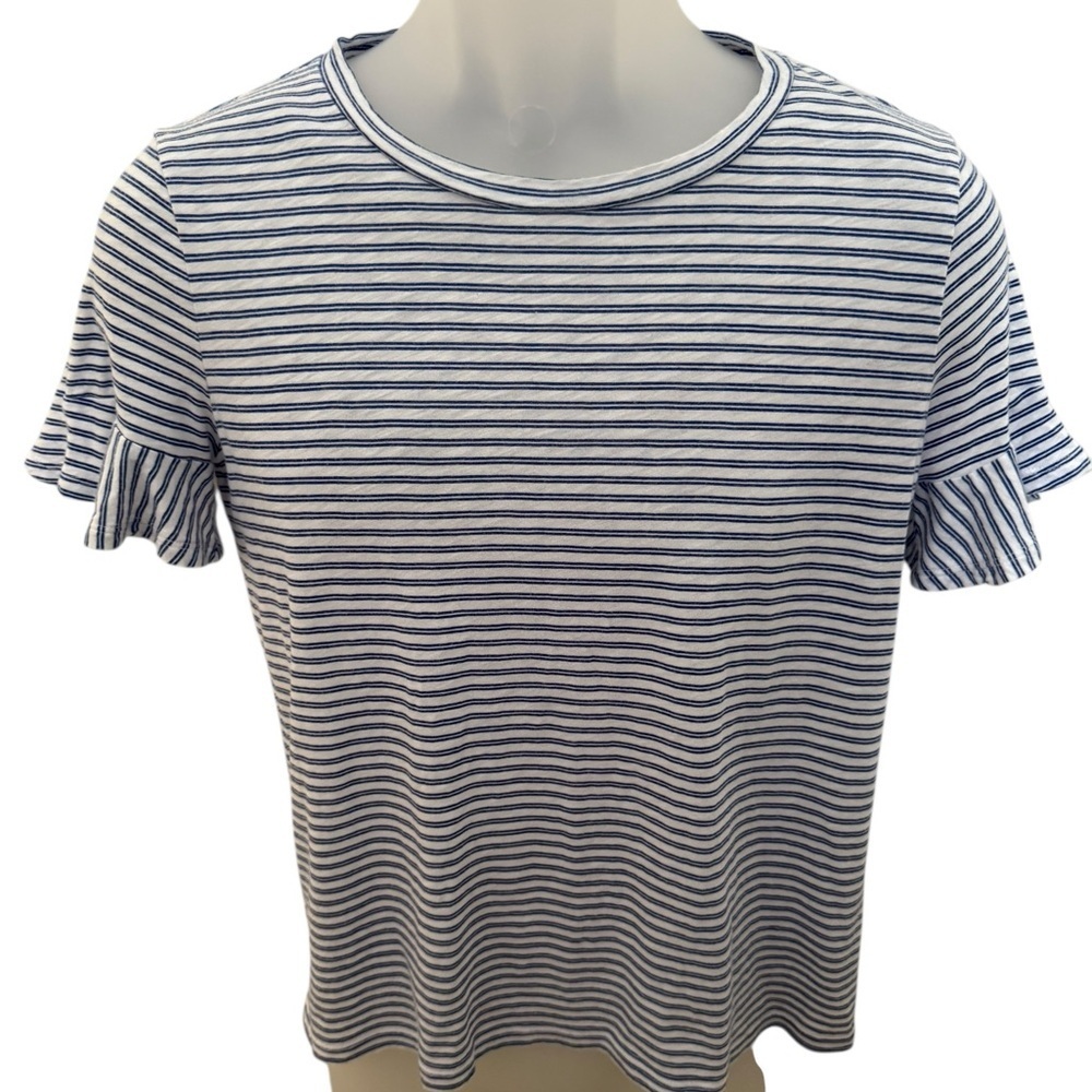 MICHAEL KORS Blue & White Striped Short Sleeve Top Women SP Small Petite
